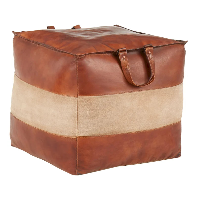 Pouf ottomano quadrato marrone/cuoio, pelle e tela, 1 posto