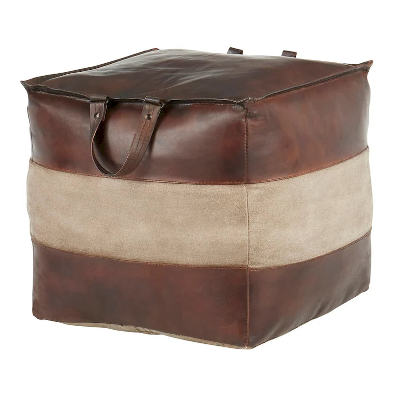 Pouf ottomano quadrato marrone/cuoio, pelle e tela, 1 posto