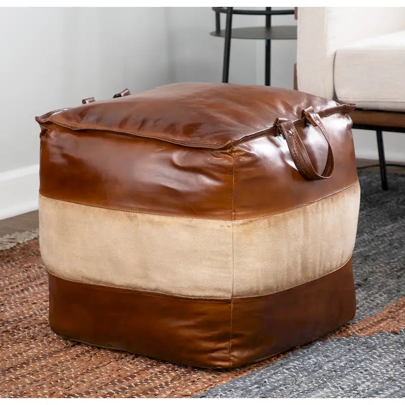 Pouf ottomano quadrato marrone/cuoio, pelle e tela, 1 posto