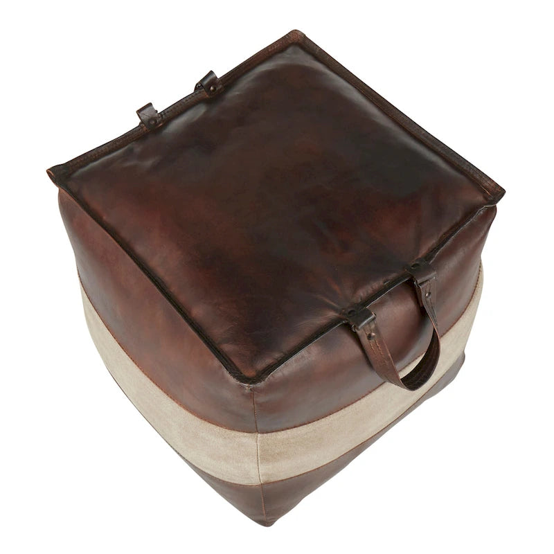 Pouf ottomano quadrato marrone/cuoio, pelle e tela, 1 posto