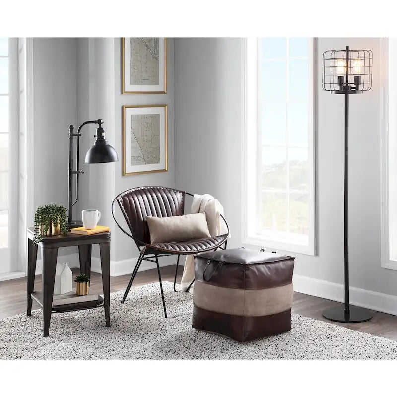 Pouf ottomano quadrato marrone/cuoio, pelle e tela, 1 posto