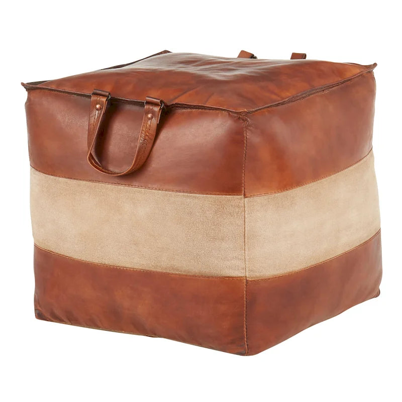 Pouf ottomano quadrato marrone/cuoio, pelle e tela, 1 posto