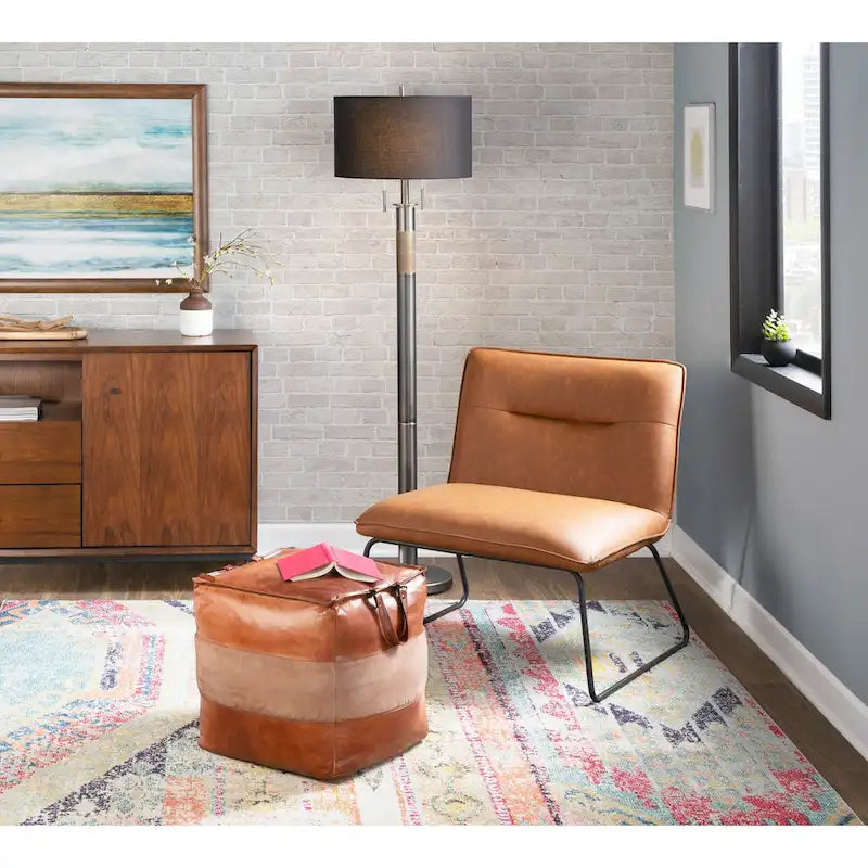 Pouf ottomano quadrato marrone/cuoio, pelle e tela, 1 posto