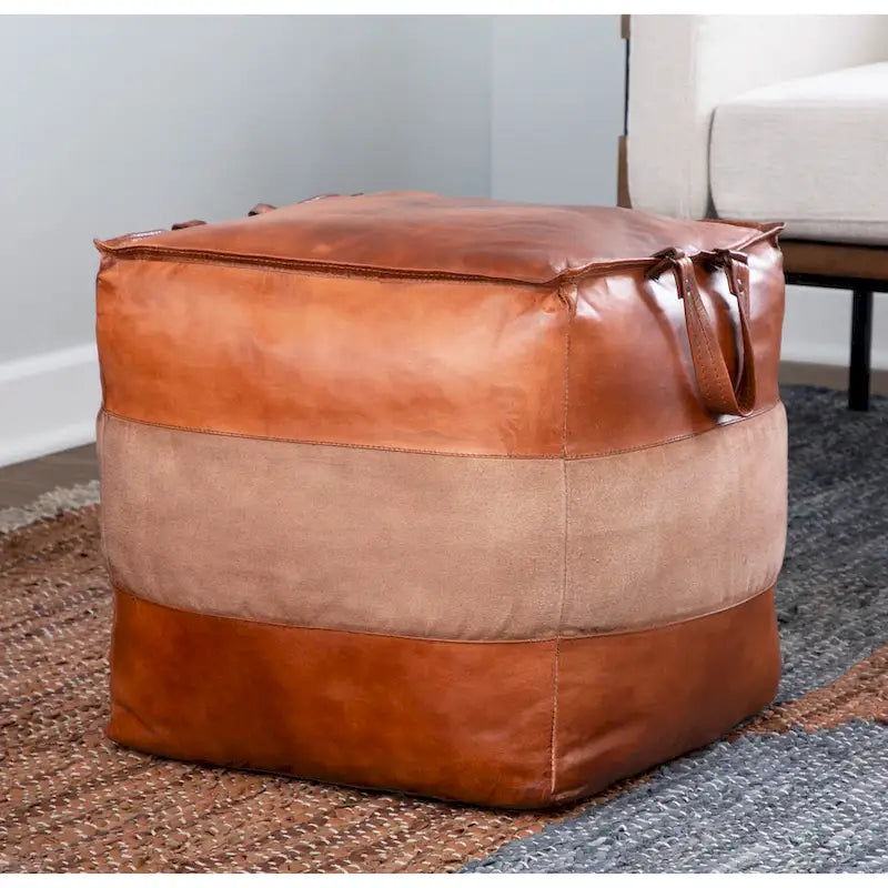 Pouf ottomano quadrato marrone/cuoio, pelle e tela, 1 posto