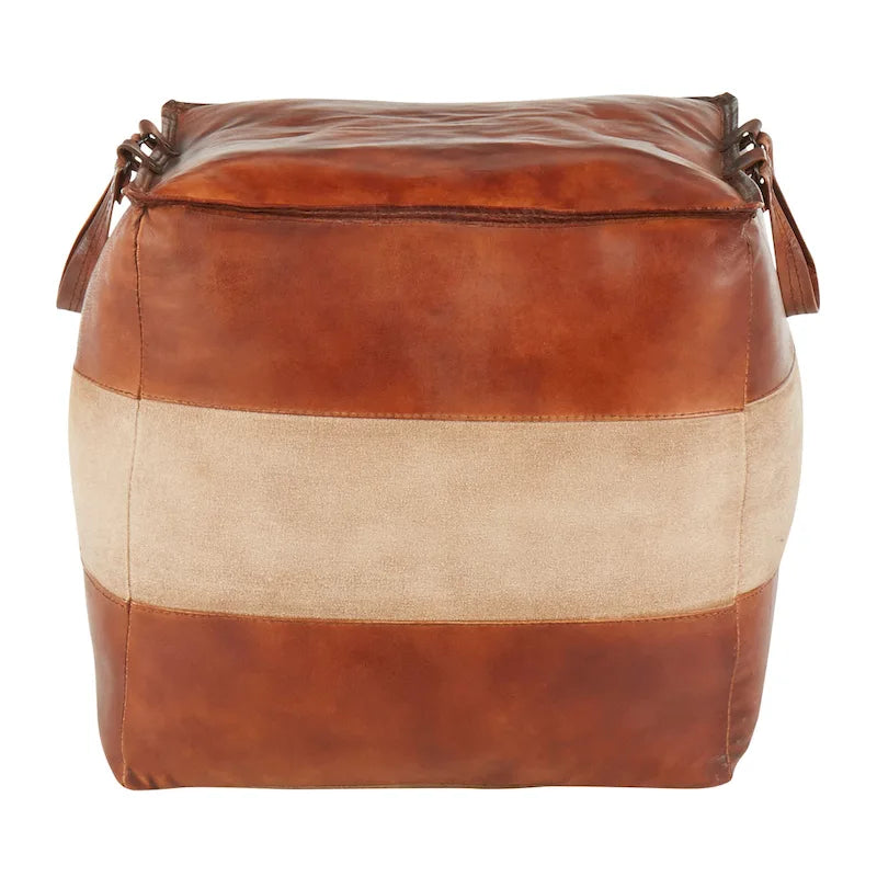 Pouf ottomano quadrato marrone/cuoio, pelle e tela, 1 posto