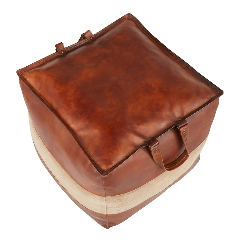Pouf ottomano quadrato marrone/cuoio, pelle e tela, 1 posto