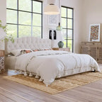 Letto a piattaforma moderno imbottito King Size con testiera, telaio letto capitonné resistente con supporto a doghe in legno, beige