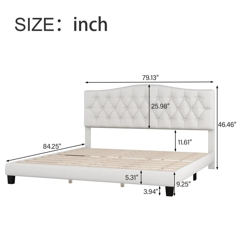 Letto a piattaforma moderno imbottito King Size con testiera, telaio letto capitonné resistente con supporto a doghe in legno, beige