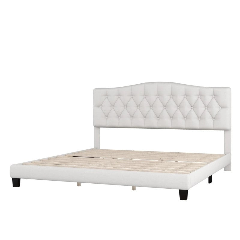 Letto a piattaforma moderno imbottito King Size con testiera, telaio letto capitonné resistente con supporto a doghe in legno, beige