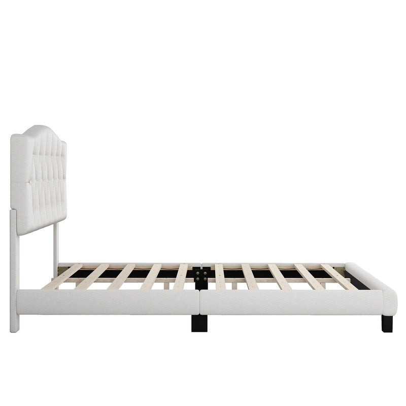 Letto a piattaforma moderno imbottito King Size con testiera, telaio letto capitonné resistente con supporto a doghe in legno, beige