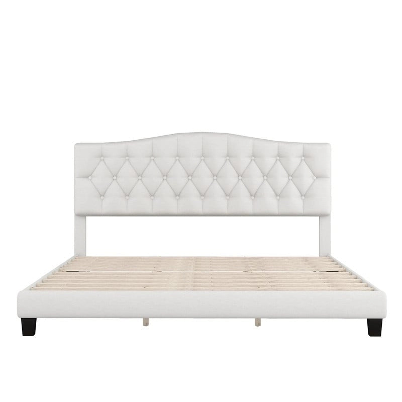 Letto a piattaforma moderno imbottito King Size con testiera, telaio letto capitonné resistente con supporto a doghe in legno, beige