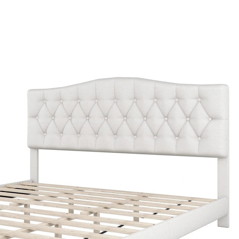 Letto a piattaforma moderno imbottito King Size con testiera, telaio letto capitonné resistente con supporto a doghe in legno, beige