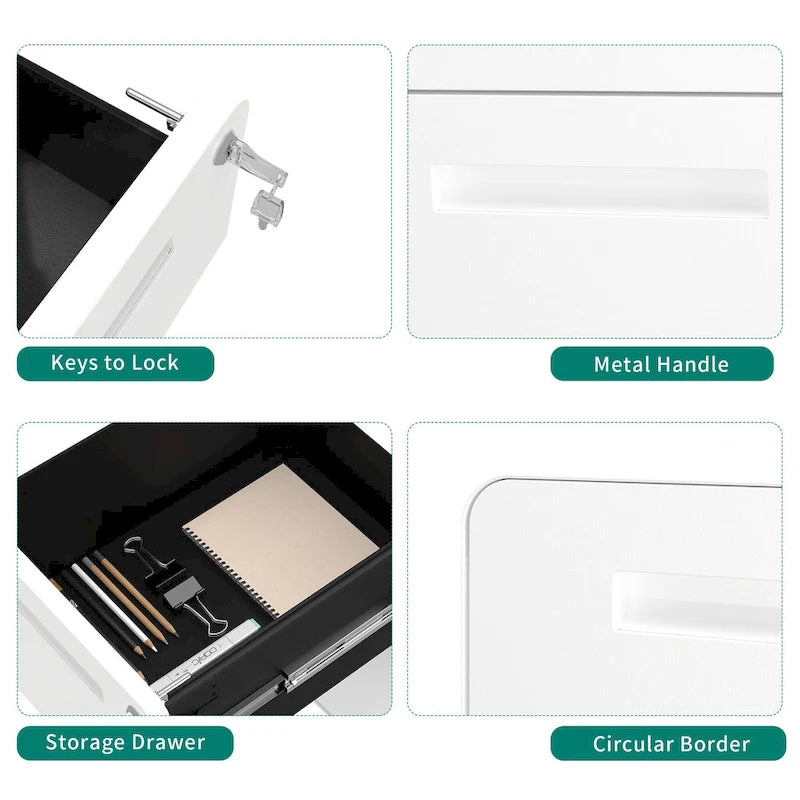 Classificatore con rotelle in acciaio con 2 cassetti, con chiusura, bianco/nero