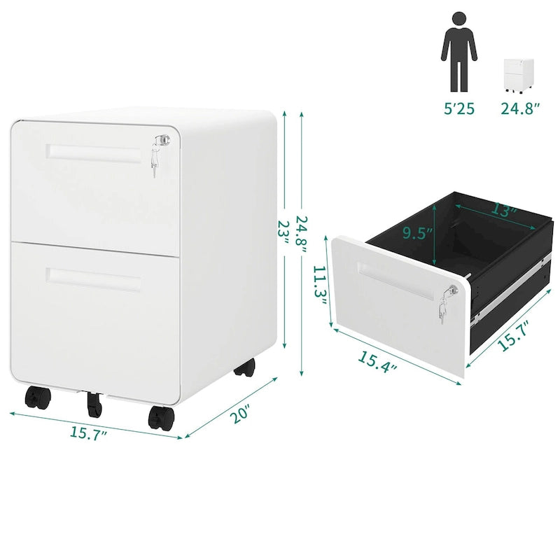 Classificatore con rotelle in acciaio con 2 cassetti, con chiusura, bianco/nero