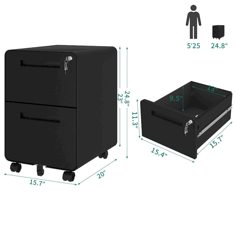 Classificatore con rotelle in acciaio con 2 cassetti, con chiusura, bianco/nero