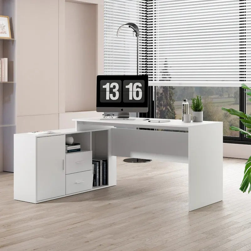 Scrivania angolare a L per computer, 140 cm, MDF, tavolo da scrittura per ufficio con portaoggetti