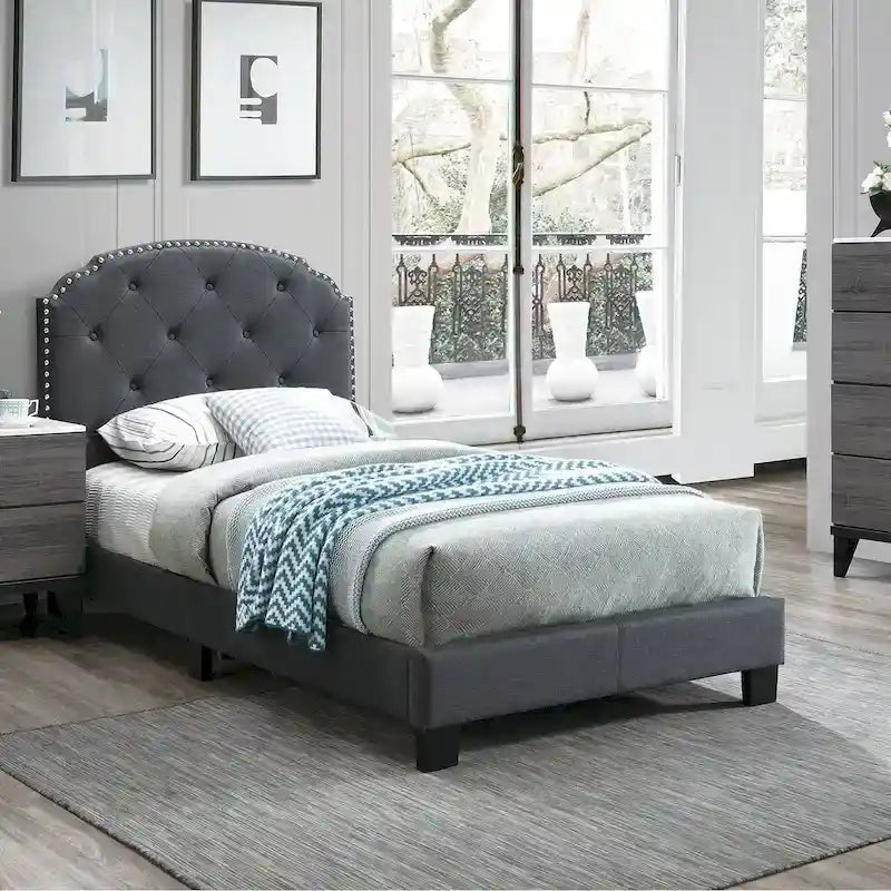 Letto singolo imbottito capitonné marrone chiaro / antracite / grigio chiaro, adatto per 1 persona