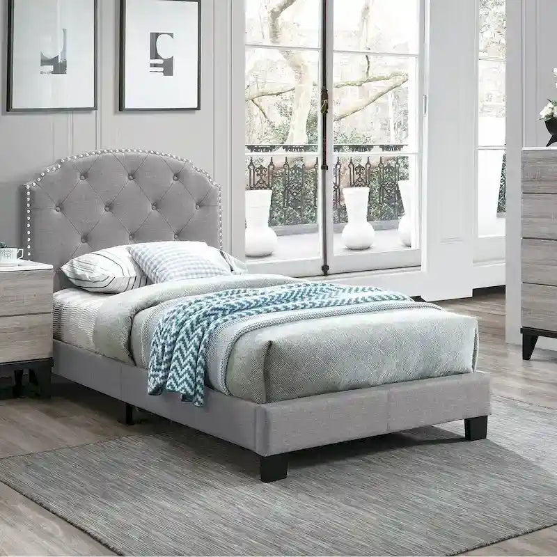 Letto singolo imbottito capitonné marrone chiaro / antracite / grigio chiaro, adatto per 1 persona