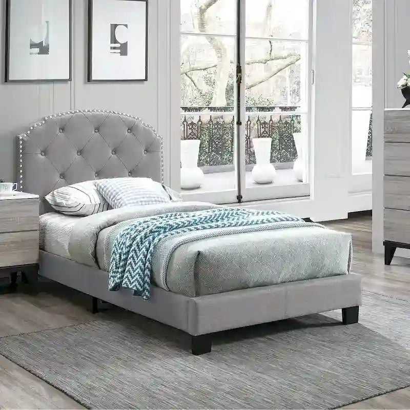 Letto singolo imbottito capitonné marrone chiaro / antracite / grigio chiaro, adatto per 1 persona