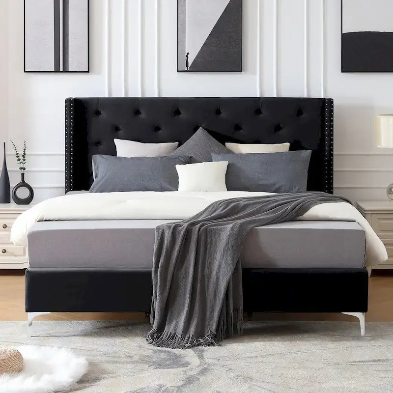 Struttura letto imbottita in velluto nero/blu/grigio/beige – California King, 1 persona