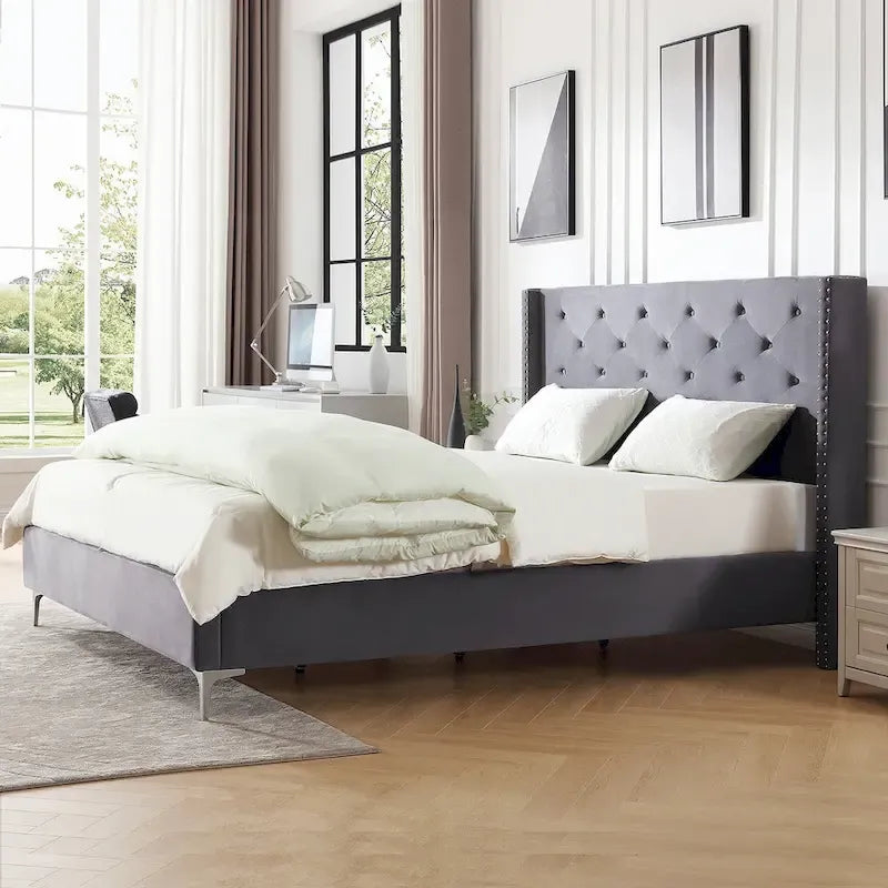 Struttura letto imbottita in velluto nero/blu/grigio/beige – California King, 1 persona