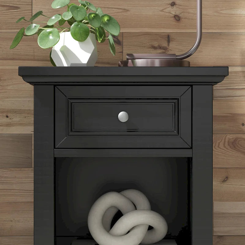 Comodino nero a 1 cassetto per 1 persona, in legno massello e composito