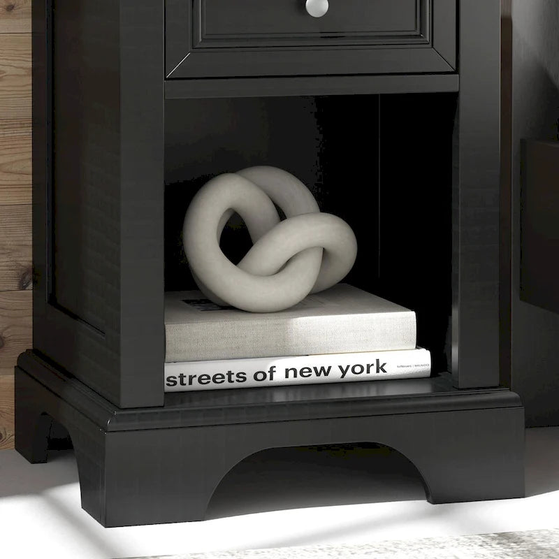 Comodino nero a 1 cassetto per 1 persona, in legno massello e composito