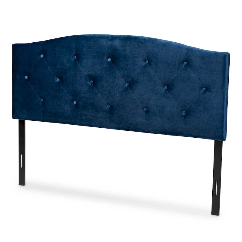 Testiera in velluto blu navy con bottoni trapuntati – Queen / Full / King, 1 persona
