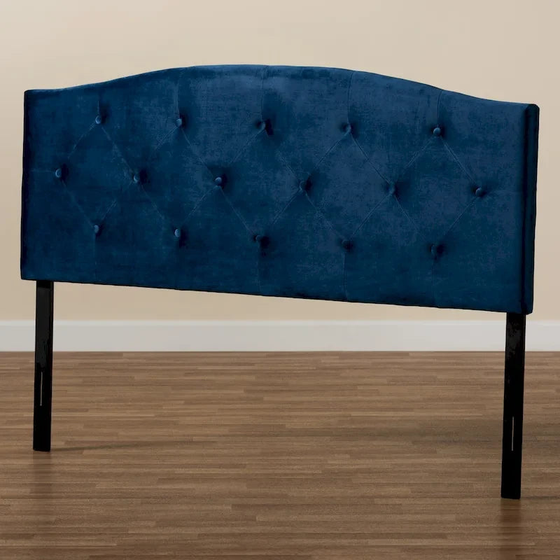 Testiera in velluto blu navy con bottoni trapuntati – Queen / Full / King, 1 persona