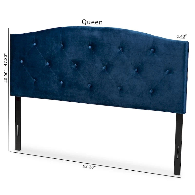 Testiera in velluto blu navy con bottoni trapuntati – Queen / Full / King, 1 persona