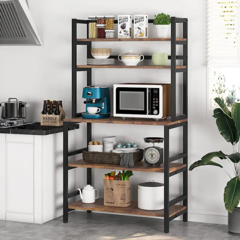 Scaffale industriale a 5 ripiani con credenza – Marrone rustico / Bianco / Nero / Grigio, 1 persona
