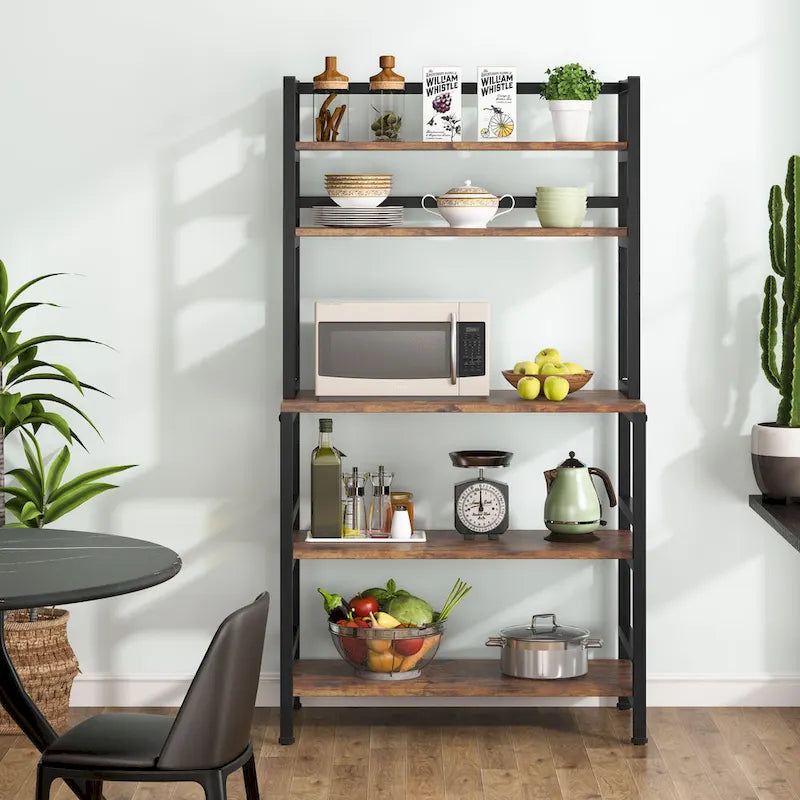 Scaffale industriale a 5 ripiani con credenza – Marrone rustico / Bianco / Nero / Grigio, 1 persona