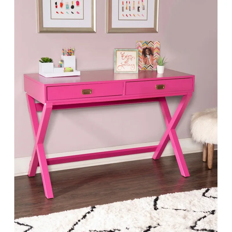 Scrivania da Scrittura Rosa / Rosa Chiaro con 2 Cassetti, Minuteria Color Oro Rosa, 1 Posto