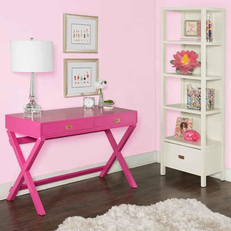 Scrivania da Scrittura Rosa / Rosa Chiaro con 2 Cassetti, Minuteria Color Oro Rosa, 1 Posto