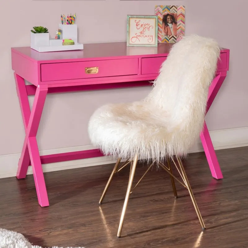 Scrivania da Scrittura Rosa / Rosa Chiaro con 2 Cassetti, Minuteria Color Oro Rosa, 1 Posto
