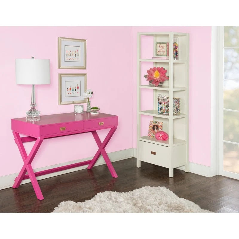 Scrivania da Scrittura Rosa / Rosa Chiaro con 2 Cassetti, Minuteria Color Oro Rosa, 1 Posto