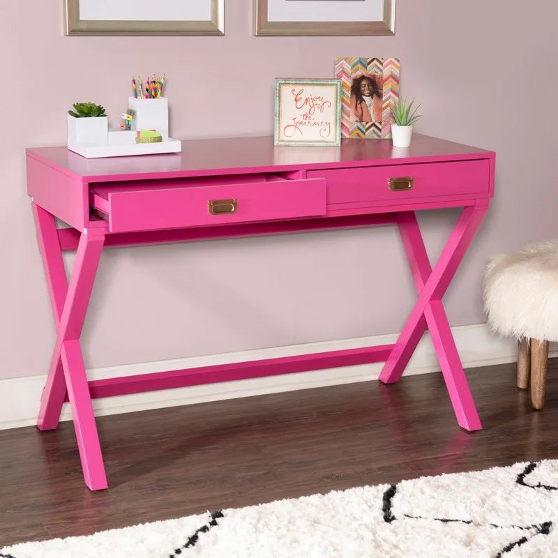 Scrivania da Scrittura Rosa / Rosa Chiaro con 2 Cassetti, Minuteria Color Oro Rosa, 1 Posto