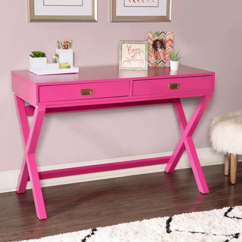 Scrivania da Scrittura Rosa / Rosa Chiaro con 2 Cassetti, Minuteria Color Oro Rosa, 1 Posto