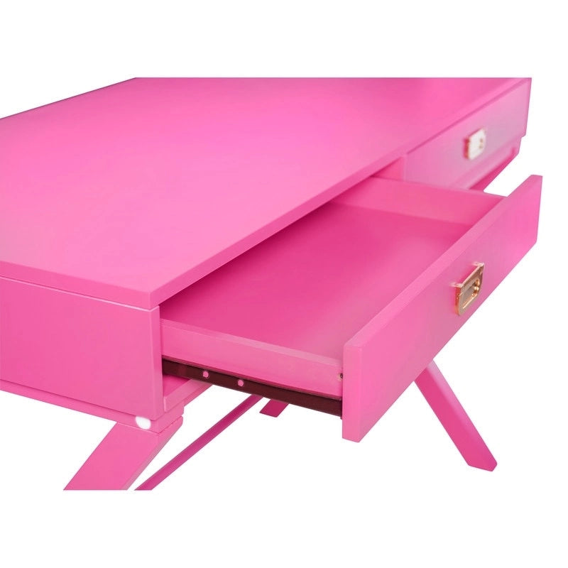 Scrivania da Scrittura Rosa / Rosa Chiaro con 2 Cassetti, Minuteria Color Oro Rosa, 1 Posto