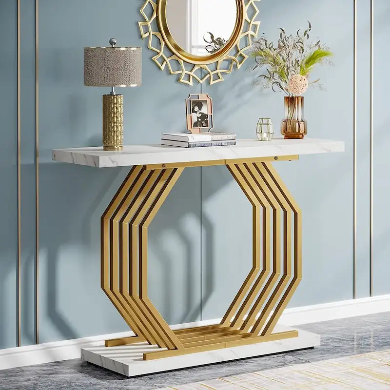 Consolle oro/nero, ripiano effetto marmo, base geometrica in metallo, 101 cm