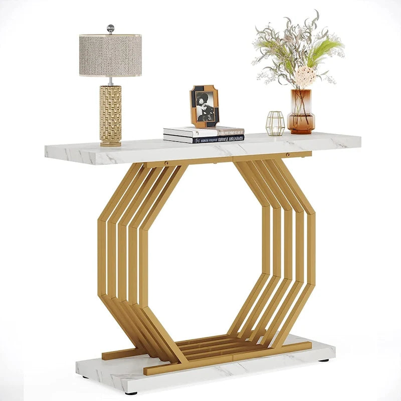 Gold Console Table, Faux Marble Entryway Table Narrow Sofa Table with Geometric Metal Base, 40 Inch Modern Accent Table