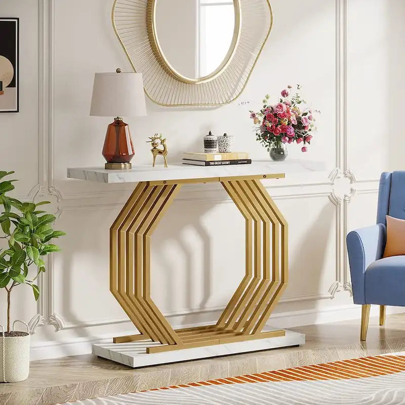 Consolle oro/nero, ripiano effetto marmo, base geometrica in metallo, 101 cm