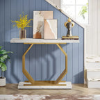 Consolle oro/nero, ripiano effetto marmo, base geometrica in metallo, 101 cm