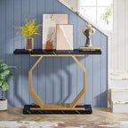 Consolle oro/nero, ripiano effetto marmo, base geometrica in metallo, 101 cm