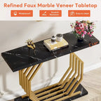 Consolle oro/nero, ripiano effetto marmo, base geometrica in metallo, 101 cm