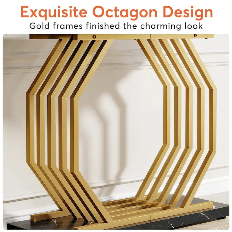 Consolle oro/nero, ripiano effetto marmo, base geometrica in metallo, 101 cm