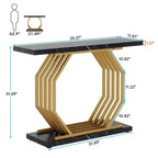 Consolle oro/nero, ripiano effetto marmo, base geometrica in metallo, 101 cm