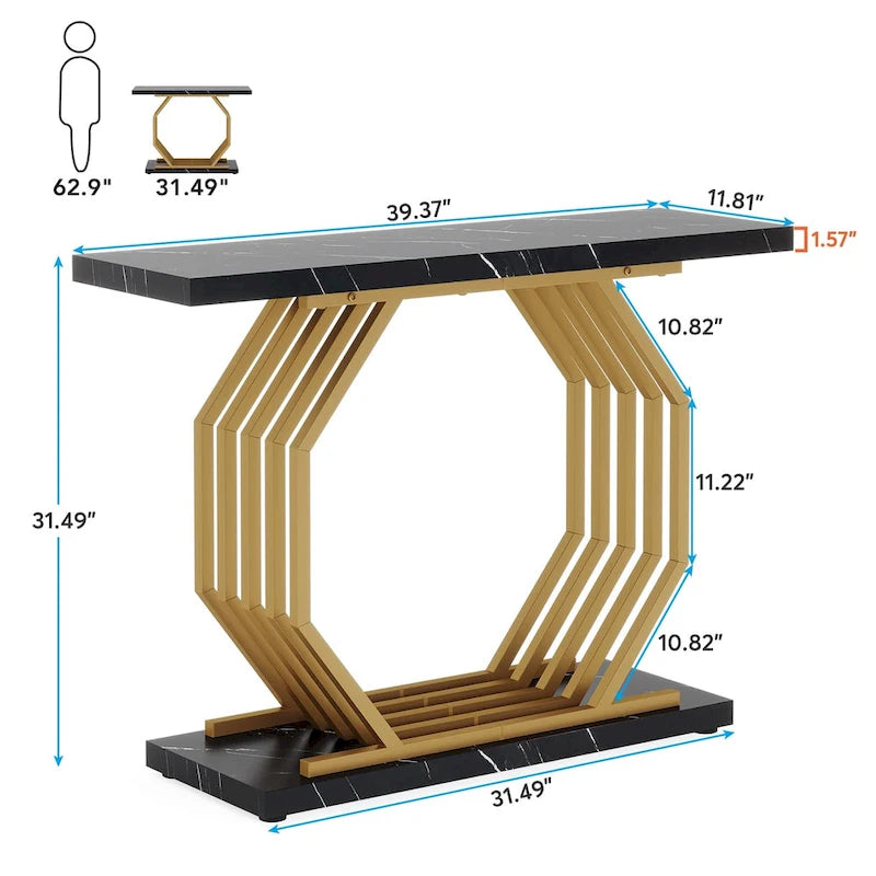 Consolle oro/nero, ripiano effetto marmo, base geometrica in metallo, 101 cm