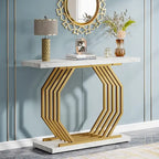 Consolle oro/nero, ripiano effetto marmo, base geometrica in metallo, 101 cm