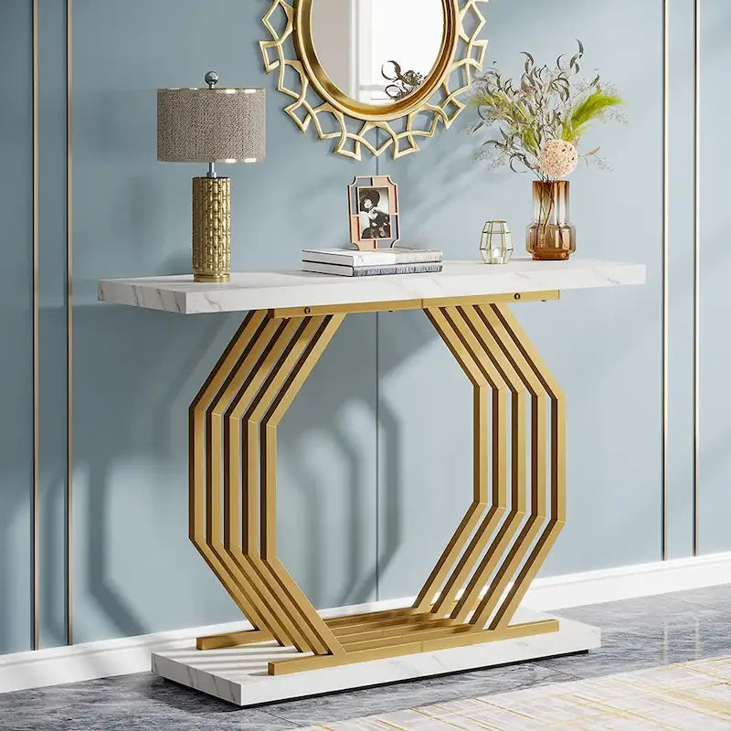 Consolle oro/nero, ripiano effetto marmo, base geometrica in metallo, 101 cm